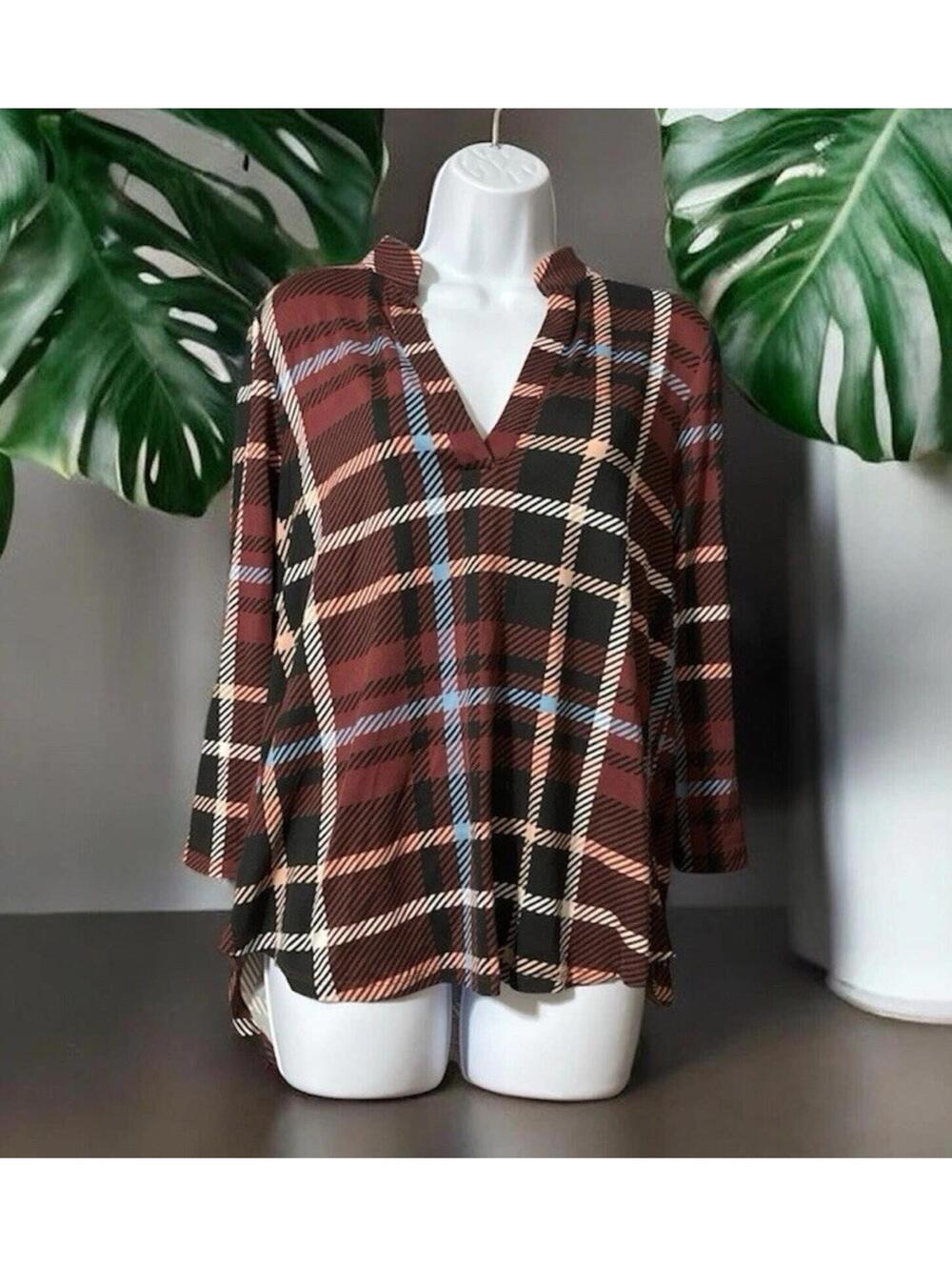 Women Chocolate Brand Long Sleeve Checked Pullover Polyester Blouse Sz S